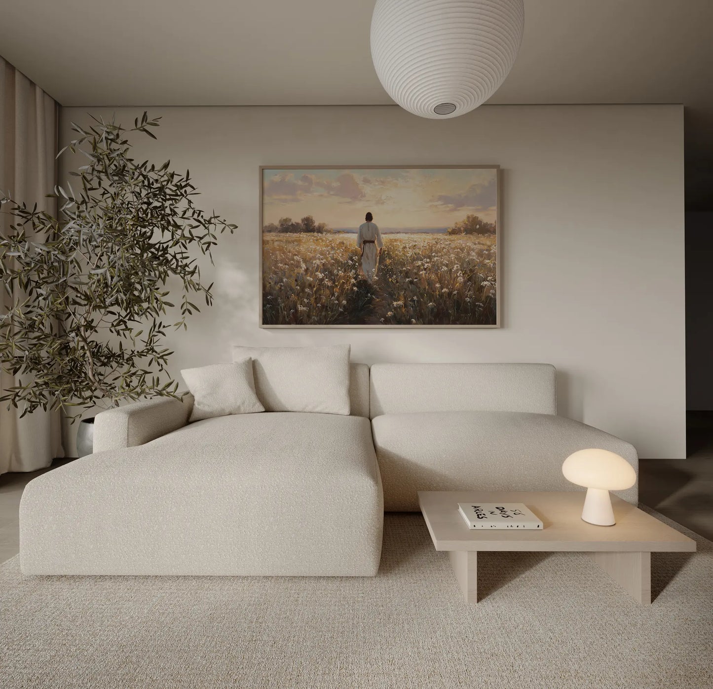Jesus luminous poppy field Christian art print in a large format above a sofa in a soft, warm-toned master bedroom – JesusArtworks