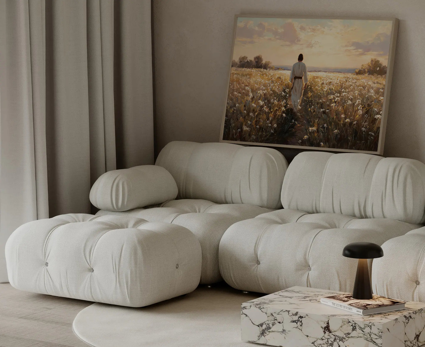 The Way Through Jesus walking through poppies ethereal art print in a Scandinavian home with white walls and warm linen accents – JesusArtworks