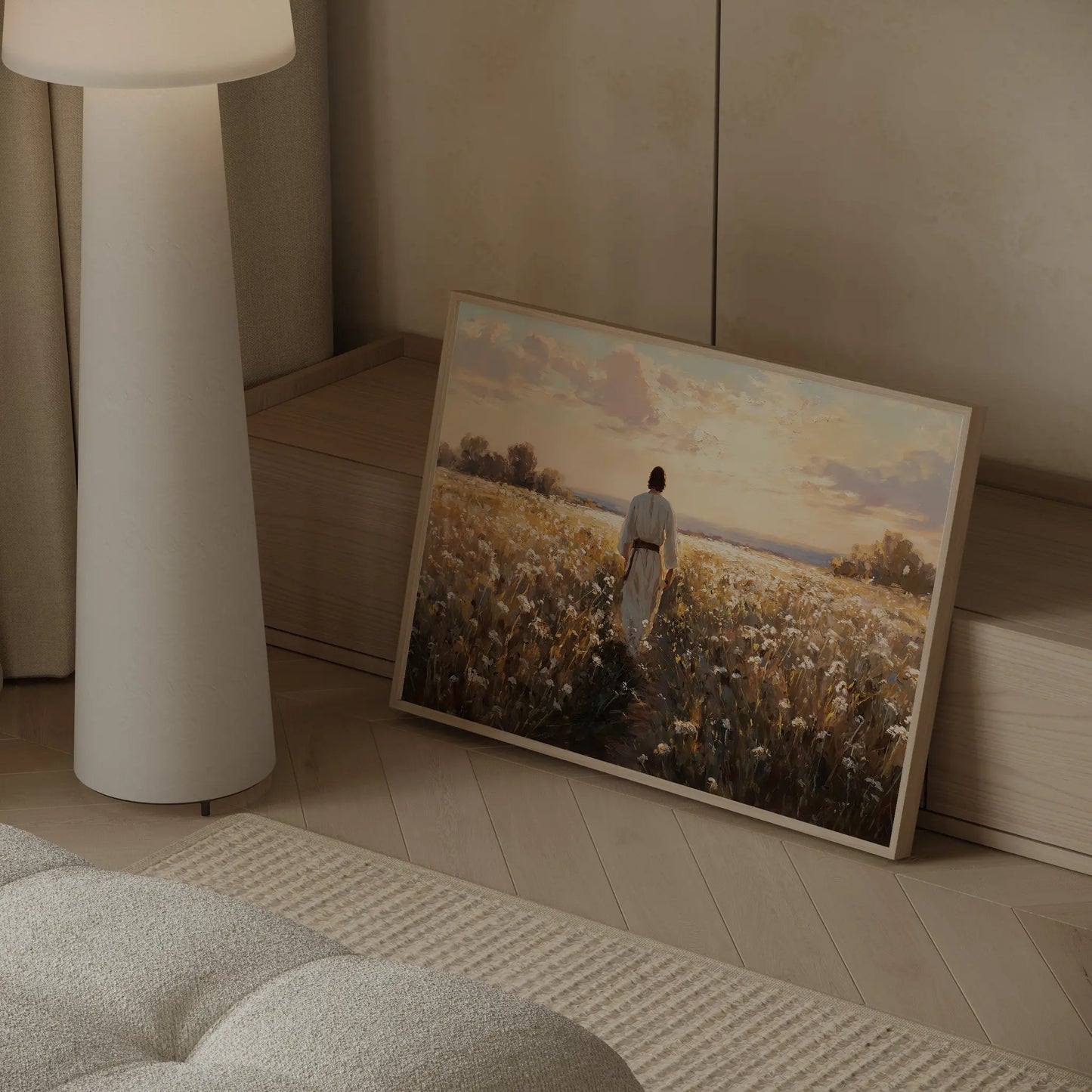 The Way Through framed Jesus poppy meadow oil painting print in a bright modern bedroom – biblical wall art by JesusArtworks
