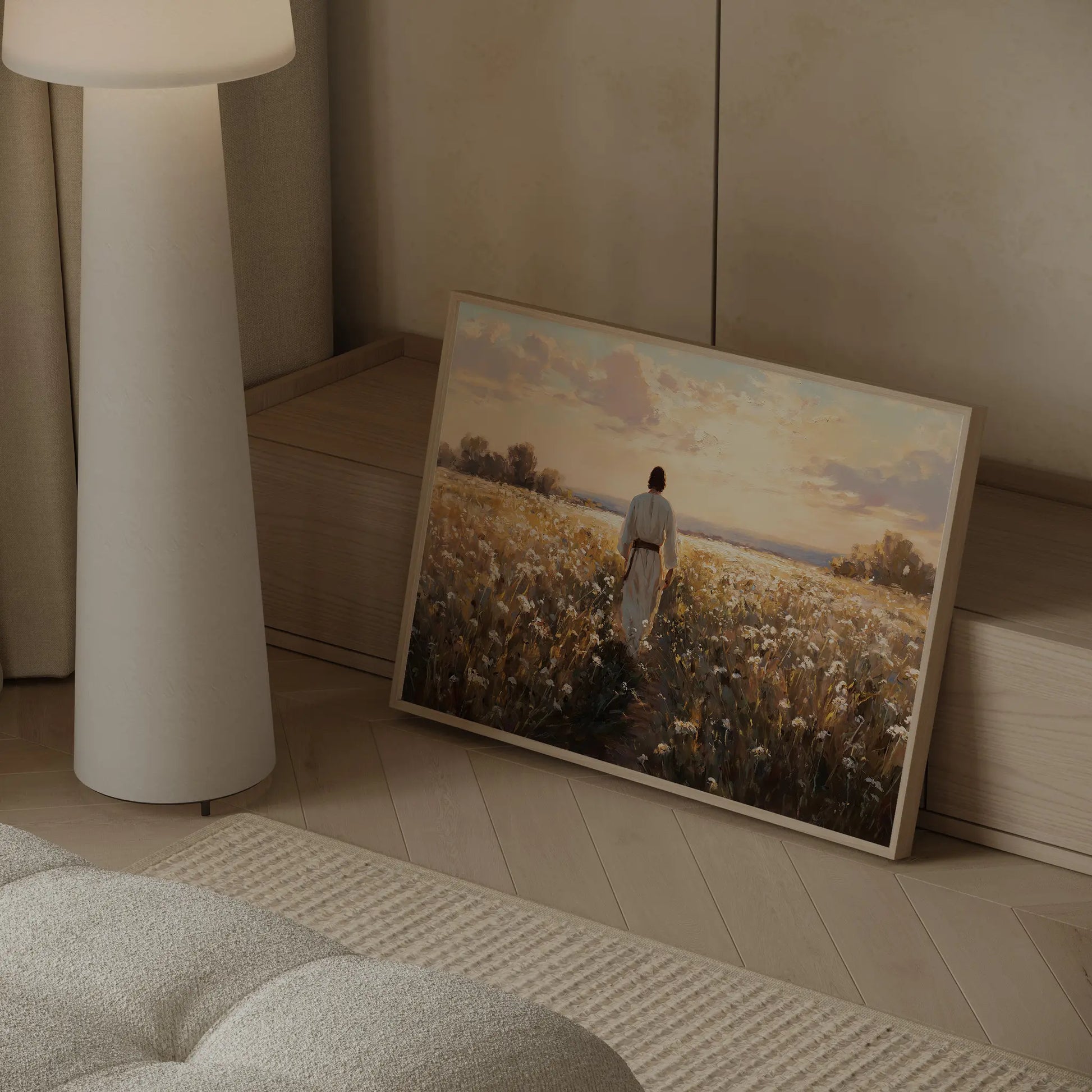 The Way Through framed Jesus poppy meadow oil painting print in a bright modern bedroom – biblical wall art by JesusArtworks