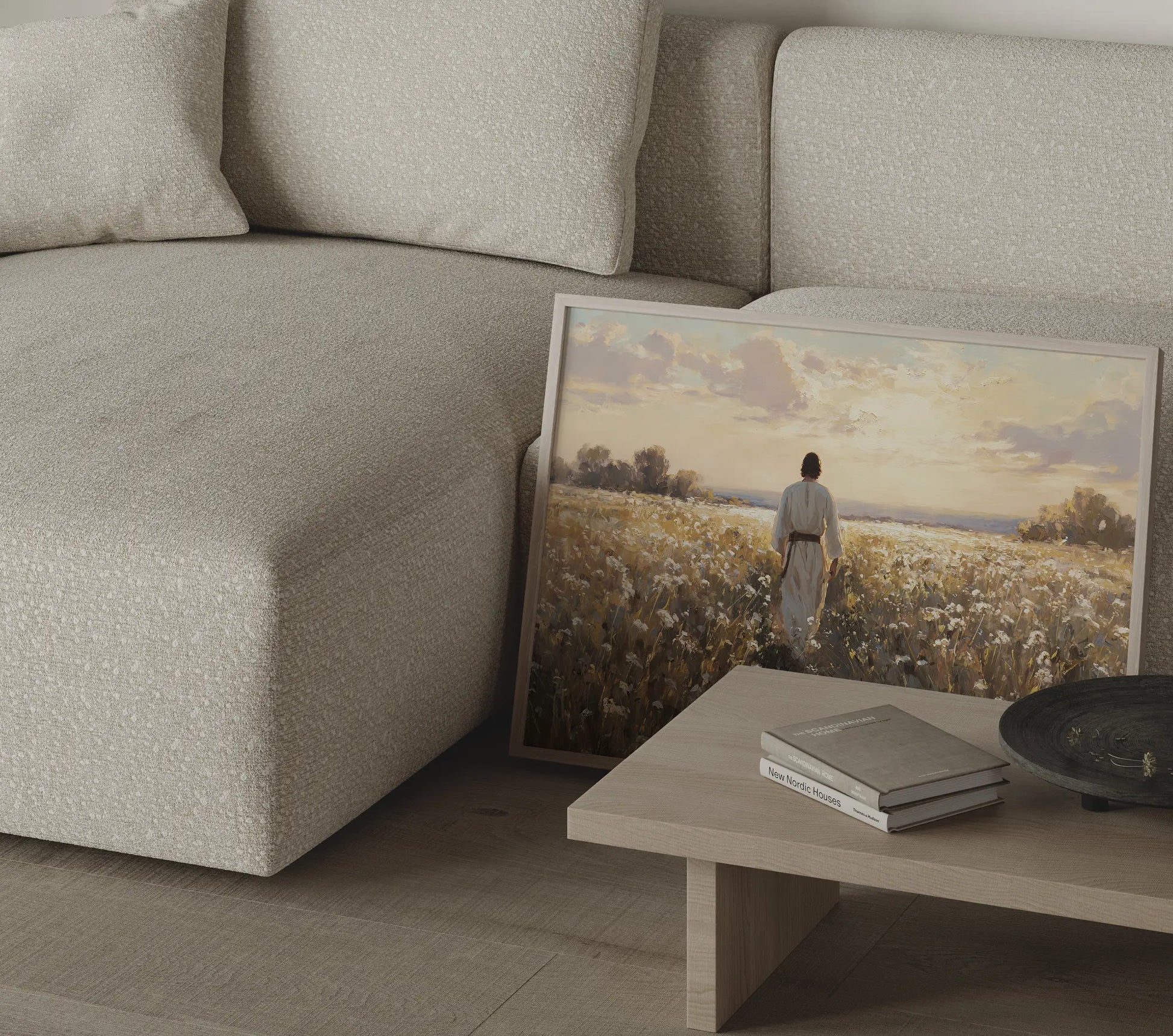 Jesus walking through a glowing poppy field framed oil painting in a prayer room or reading corner – Christian wall decor by JesusArtworks