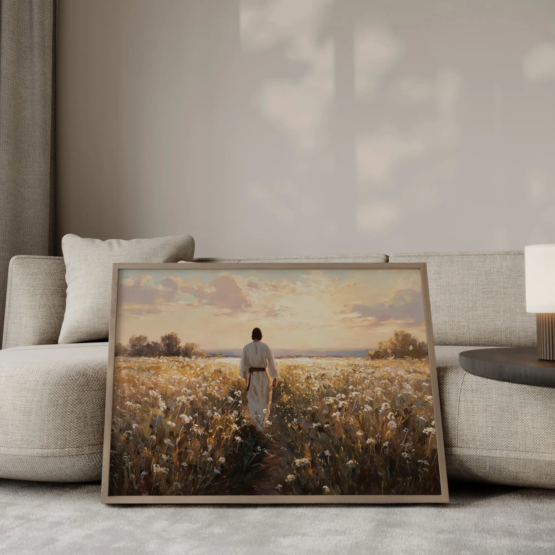 The Way Through luminous oil painting – Jesus in white robes walking through a glowing field of red poppies and white wildflowers into warm ethereal golden light, Christian wall art by JesusArtworks