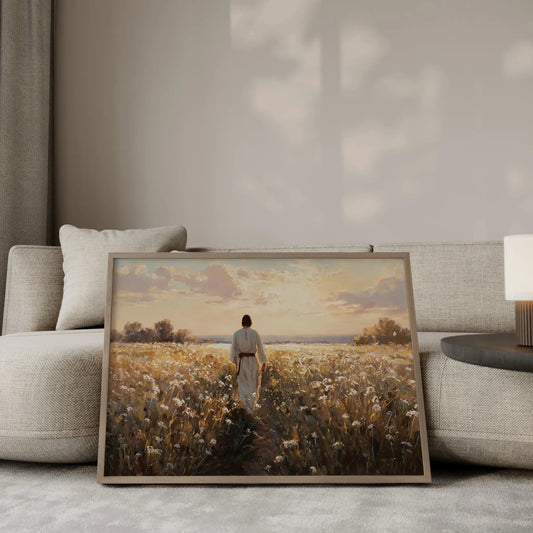 The Way Through luminous oil painting – Jesus in white robes walking through a glowing field of red poppies and white wildflowers into warm ethereal golden light, Christian wall art by JesusArtworks