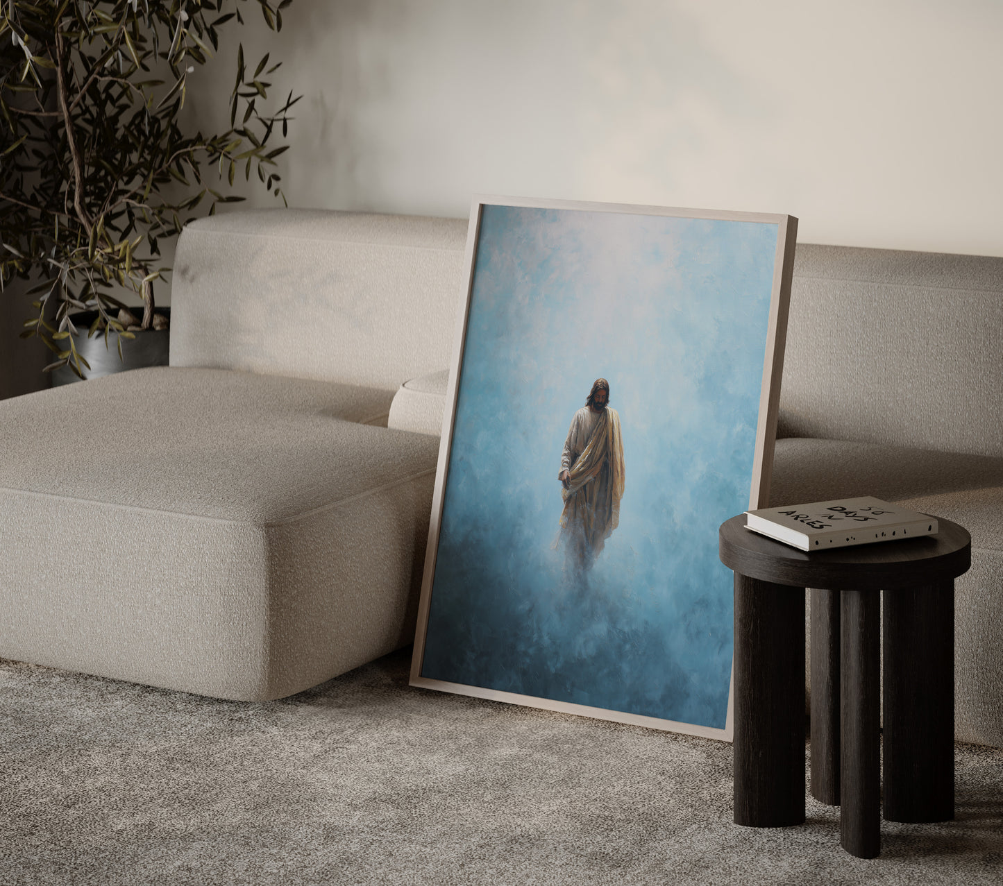 Heavenly minimalist painting of Jesus walking, with muted powder blue and cream tones, textured impressionist strokes, and a serene spiritual focus.