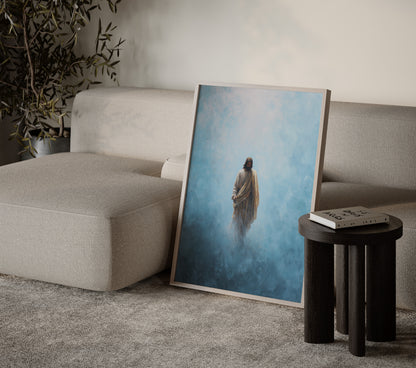 Heavenly minimalist painting of Jesus walking, with muted powder blue and cream tones, textured impressionist strokes, and a serene spiritual focus.