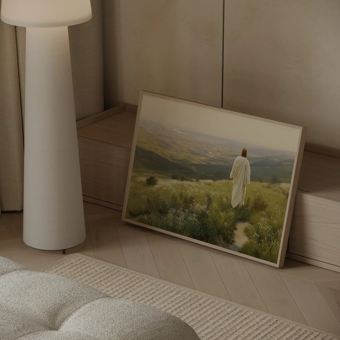 Into the Light Jesus wildflowers golden sky oil painting art print in a Scandinavian home with warm white walls and natural oak furniture – JesusArtworks