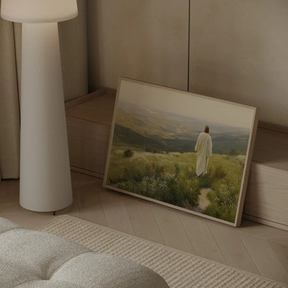 Into the Light Jesus wildflowers golden sky oil painting art print in a Scandinavian home with warm white walls and natural oak furniture – JesusArtworks