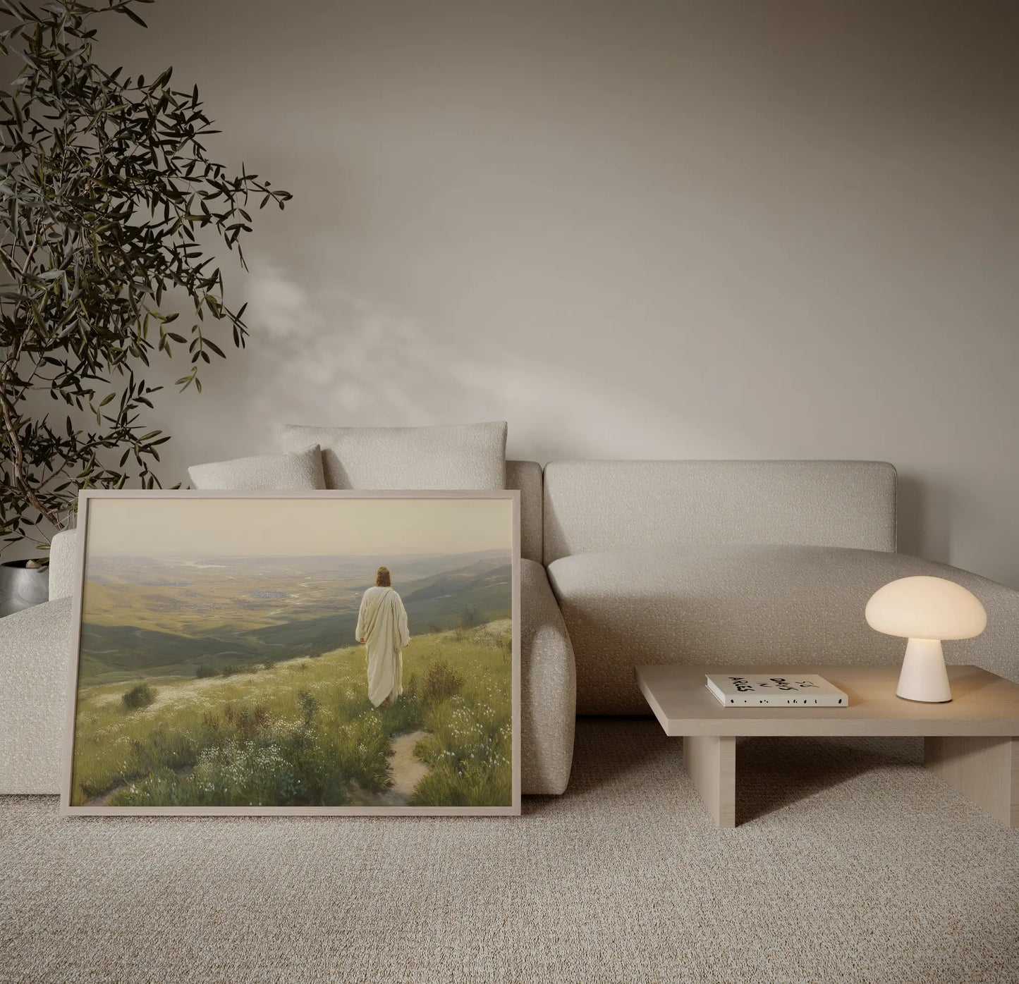 Jesus walking toward a glowing horizon through golden wildflowers large format art print in a warm living room – JesusArtworks
