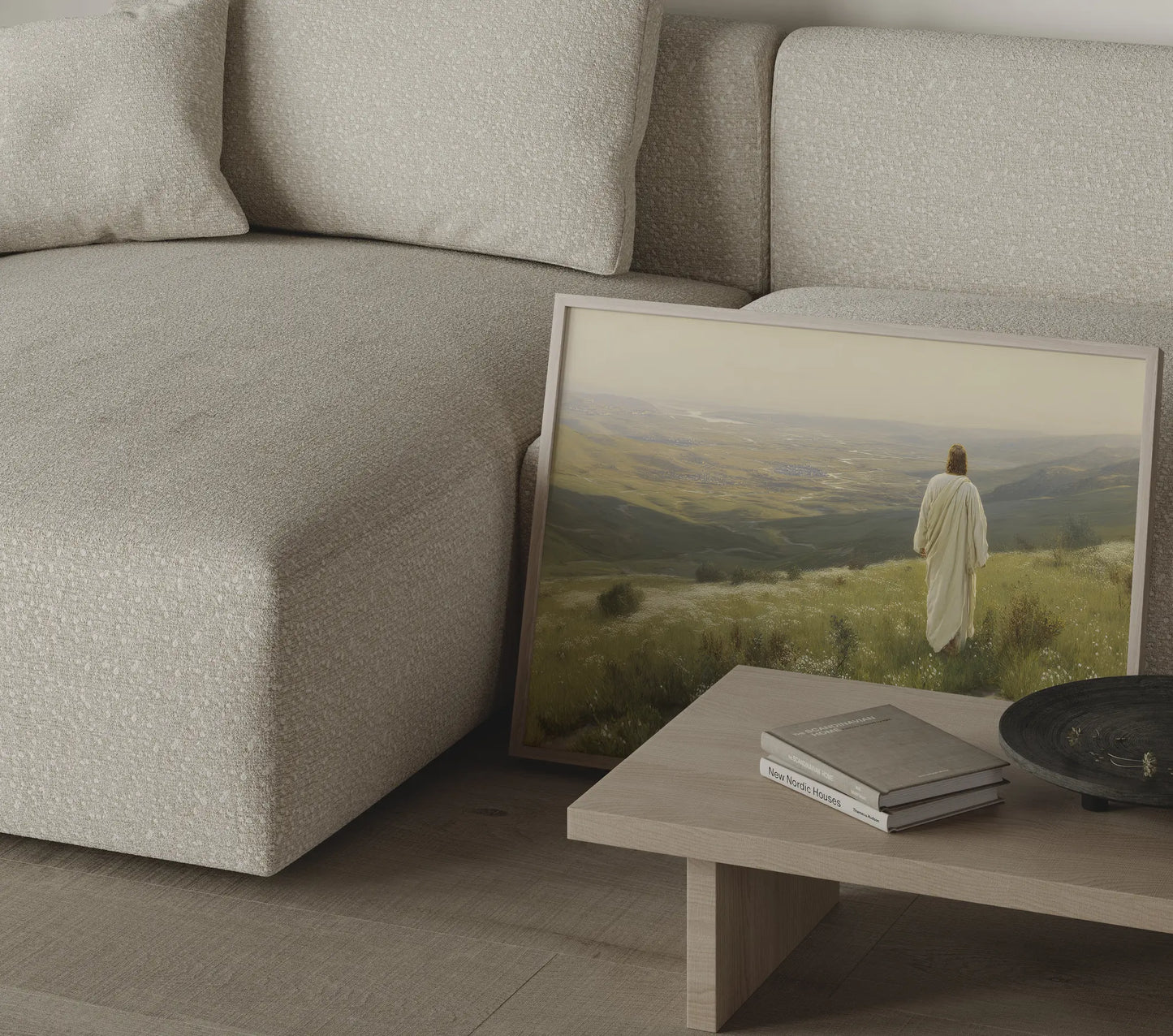 Jesus walking toward the golden horizon framed oil painting in a warm study or home office with natural wood bookshelf – Christian wall art by JesusArtworks