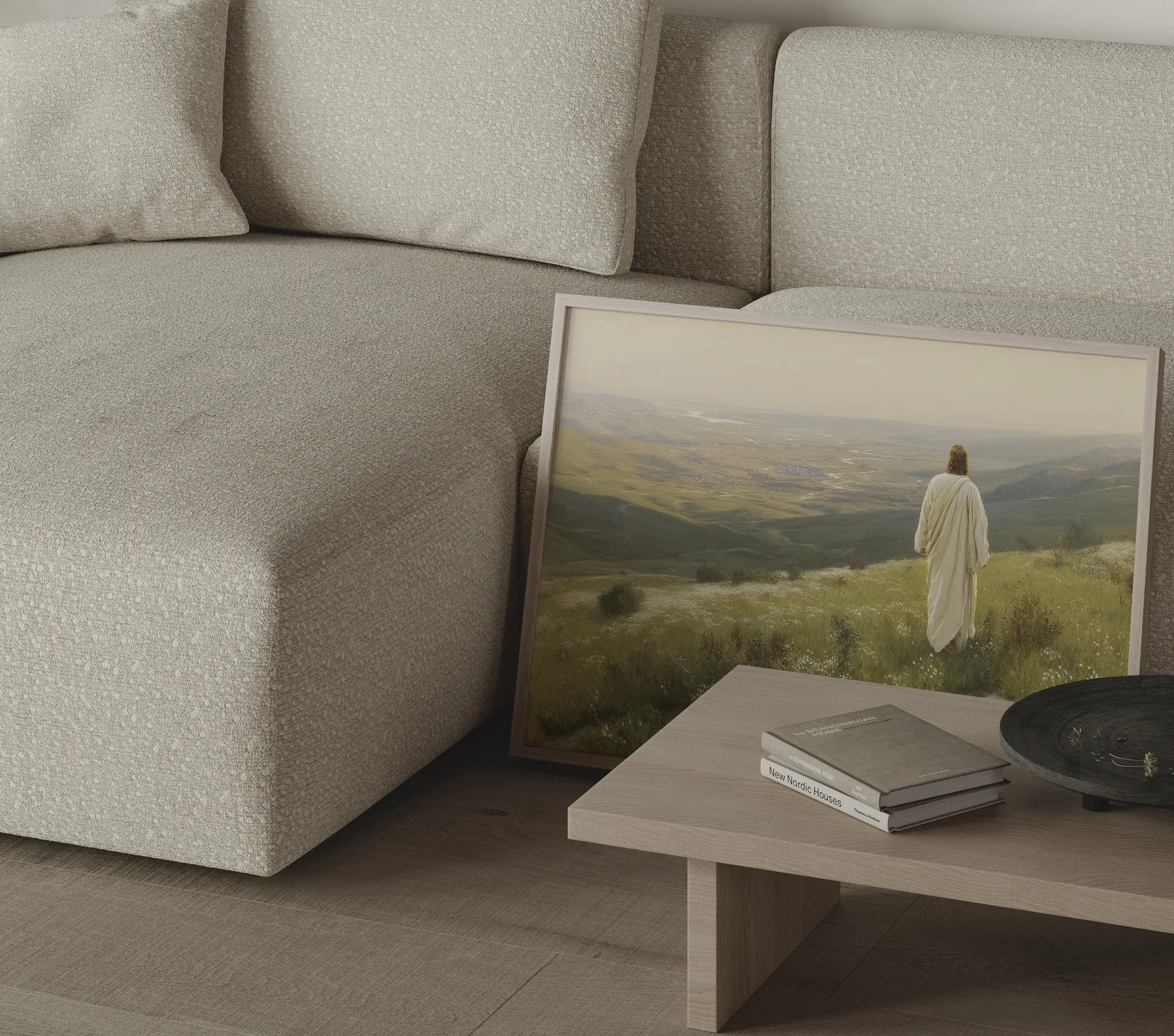 Jesus walking toward the golden horizon framed oil painting in a warm study or home office with natural wood bookshelf – Christian wall art by JesusArtworks