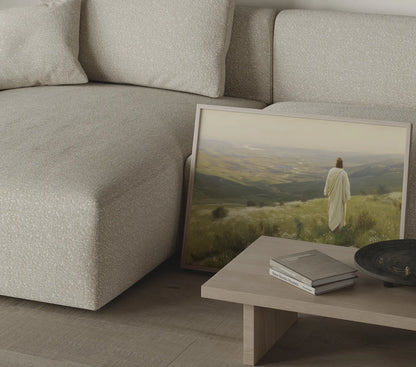 Jesus walking toward the golden horizon framed oil painting in a warm study or home office with natural wood bookshelf – Christian wall art by JesusArtworks