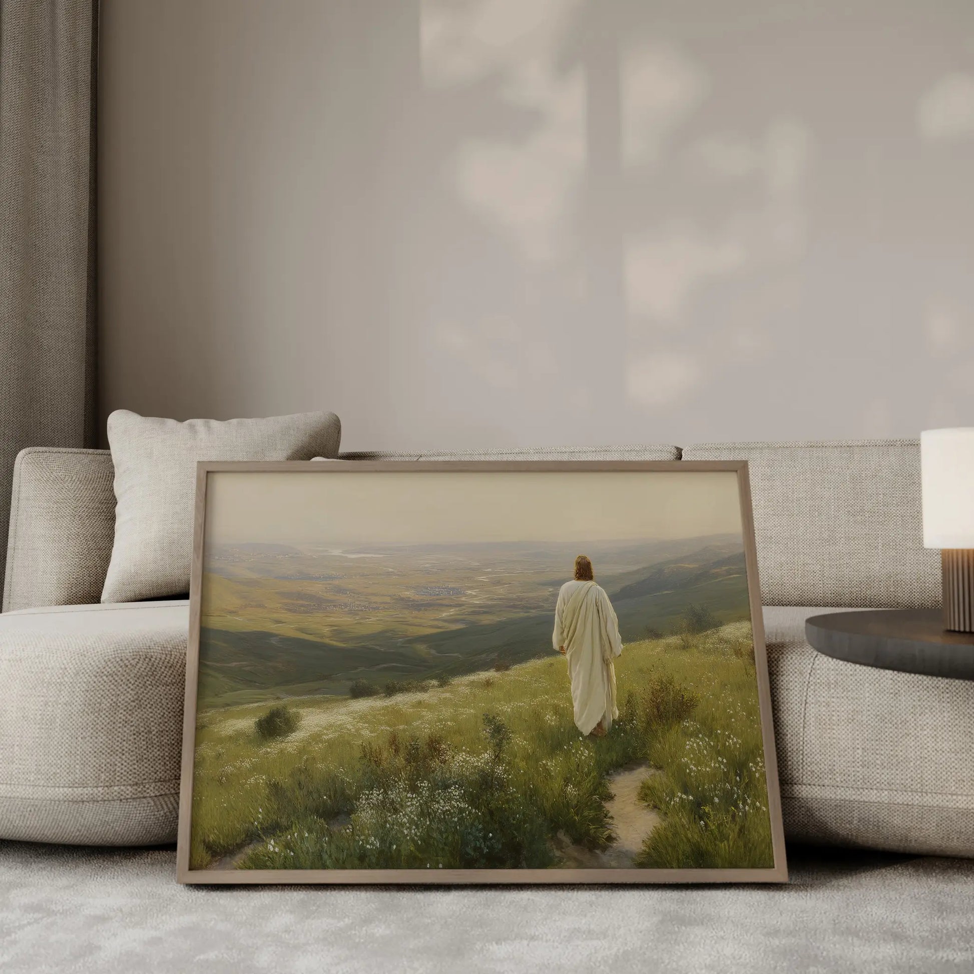 Into the Light oil painting – Jesus walking along a path through a golden wildflower field toward a radiant glowing horizon under a dramatic cloud-filled sky, Christian wall art by JesusArtworks