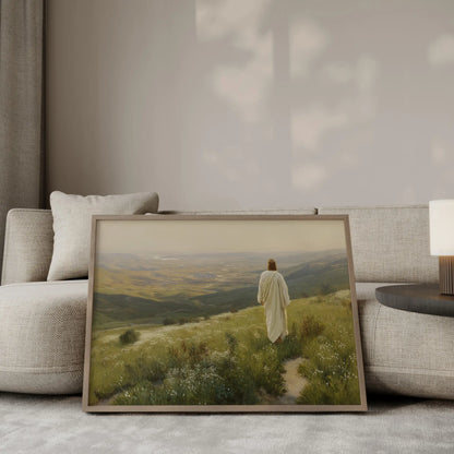 Into the Light oil painting – Jesus walking along a path through a golden wildflower field toward a radiant glowing horizon under a dramatic cloud-filled sky, Christian wall art by JesusArtworks