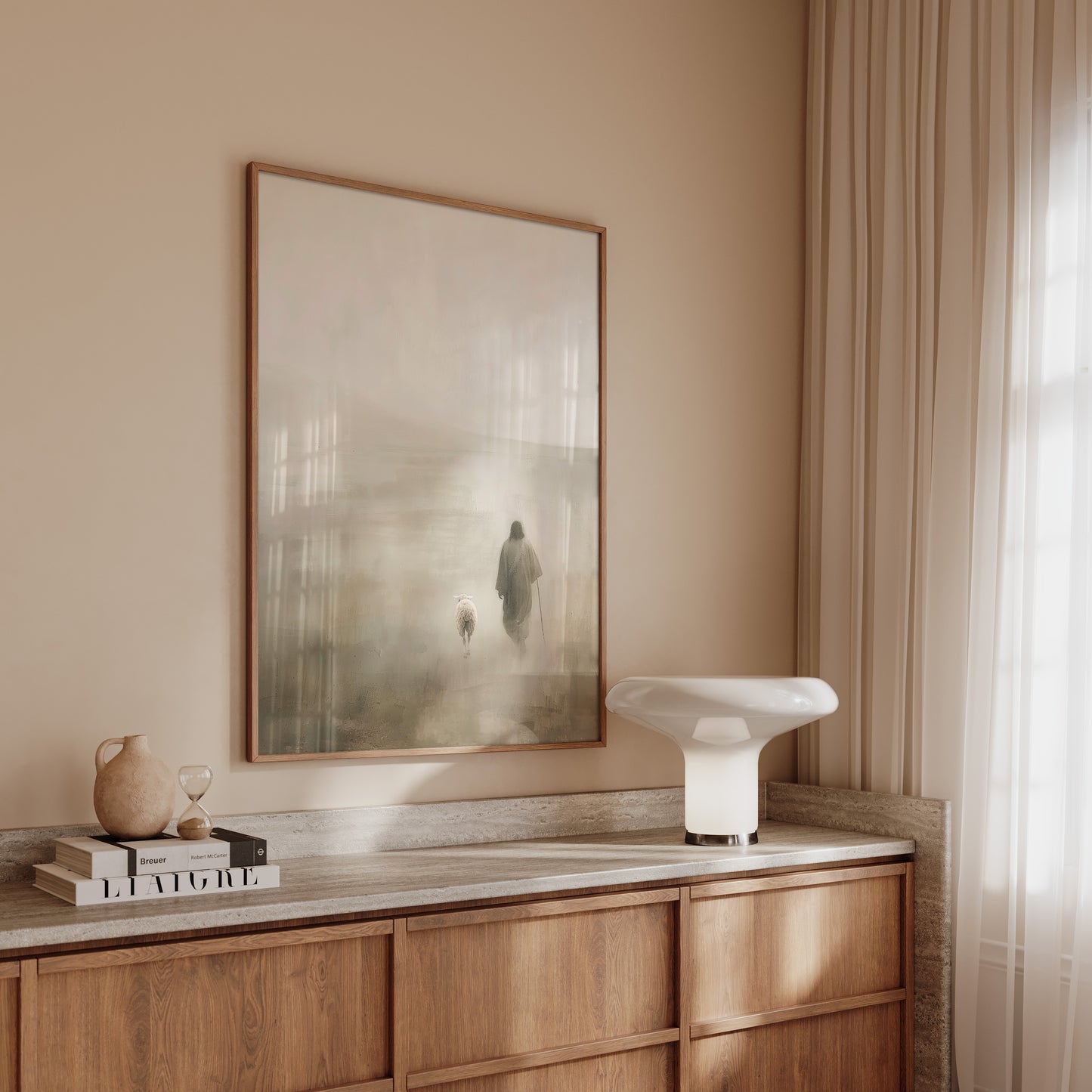 Minimalist spiritual painting of Jesus walking with a lamb, leaving the 99, featuring neutral tones, gentle impressionist texture, and a warm ethereal glow.