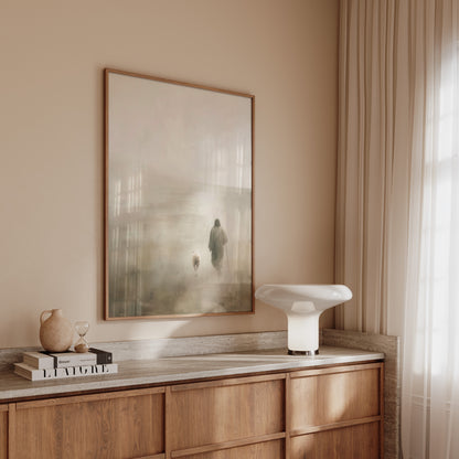 Minimalist spiritual painting of Jesus walking with a lamb, leaving the 99, featuring neutral tones, gentle impressionist texture, and a warm ethereal glow.