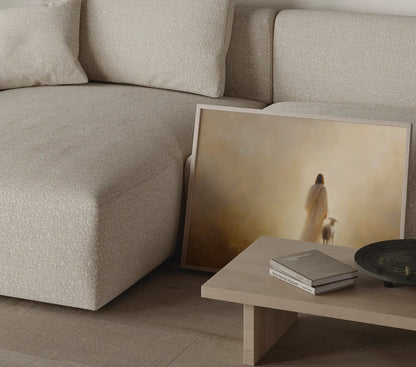 Modern religious wall decor in beige and gold tones, wide print for living room sofa