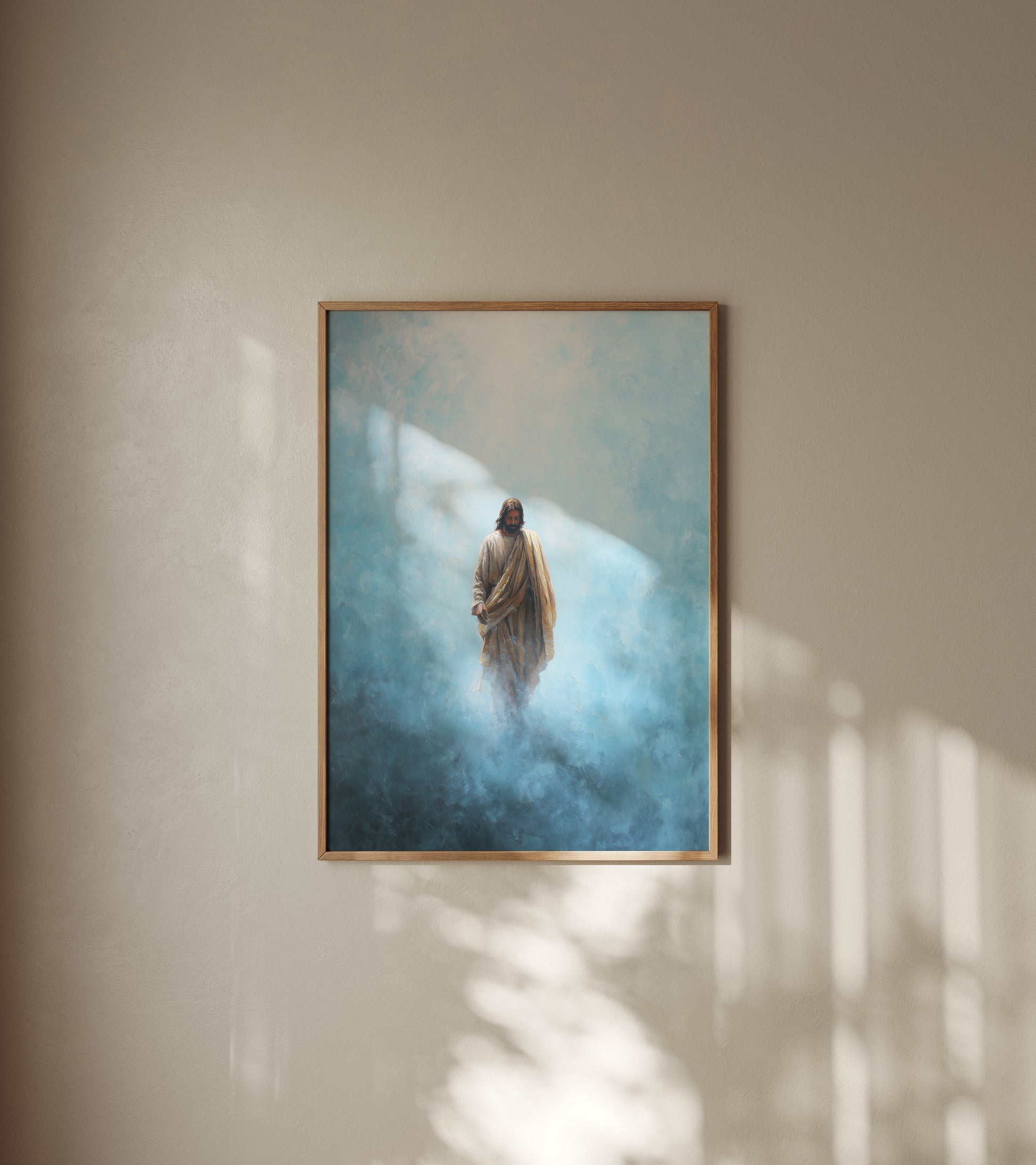 Modern Christian portrait of Jesus walking, using soft atmospheric light, warm robes, muted monochromatic palette, and a tranquil, sacred presence.