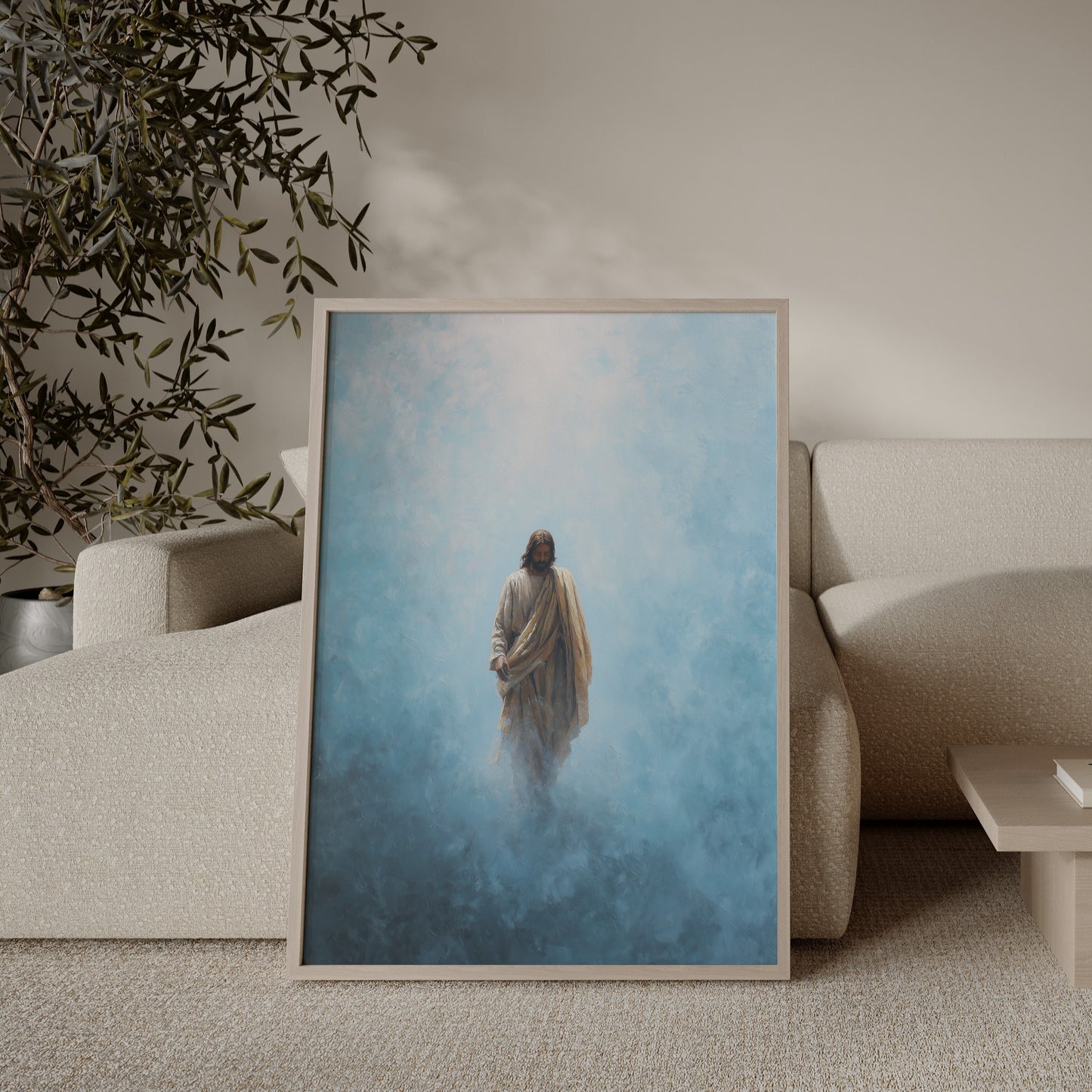 Modern impressionist painting of Jesus walking, featuring soft, textured brushstrokes, muted monochromatic tones, and a serene, ethereal spiritual presence.