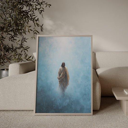 Modern impressionist painting of Jesus walking, featuring soft, textured brushstrokes, muted monochromatic tones, and a serene, ethereal spiritual presence.
