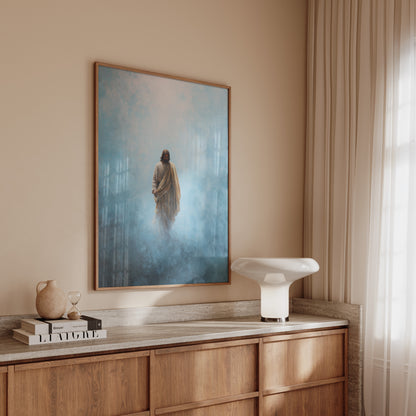 Modern spiritual impressionist painting of Jesus walking, with foggy atmospheric perspective, textured brushwork, and a warm glow highlighting the figure.