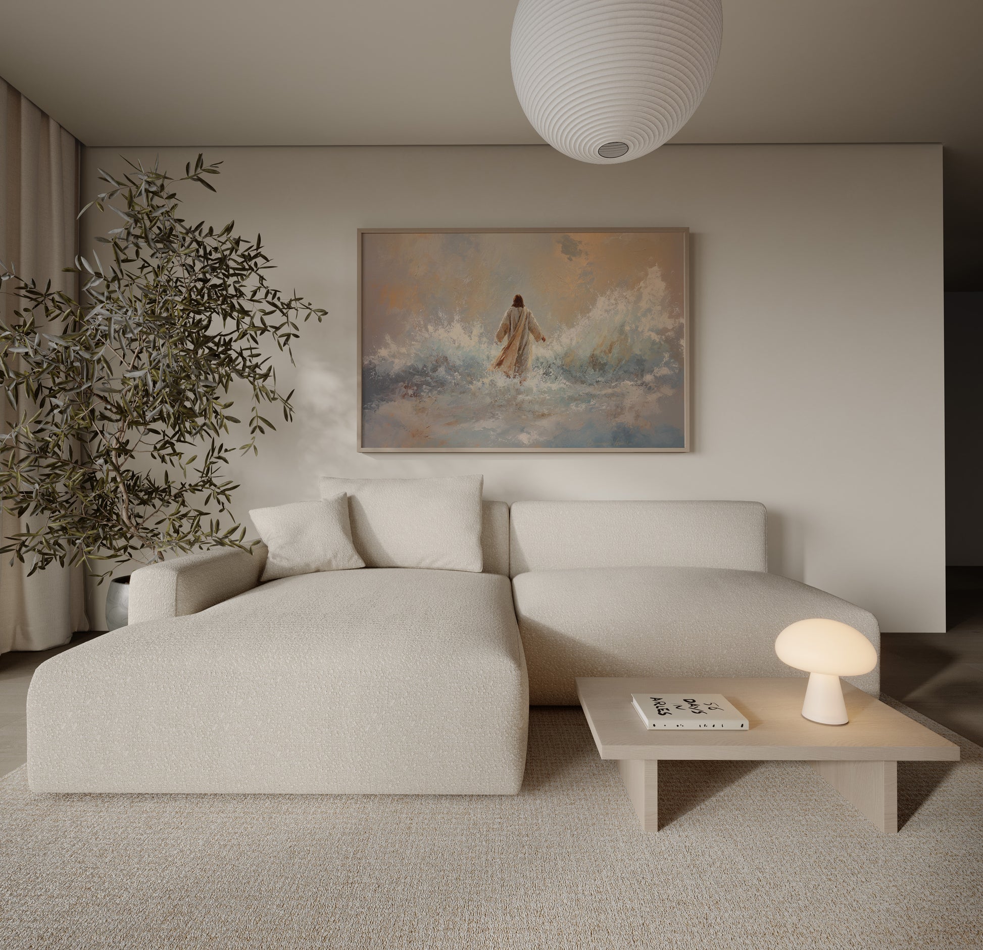 Contemporary Christian impressionist painting of Jesus walking on water, soft tonal colors, ethereal light, and serene atmosphere.