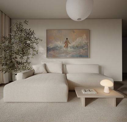 Contemporary Christian impressionist painting of Jesus walking on water, soft tonal colors, ethereal light, and serene atmosphere.