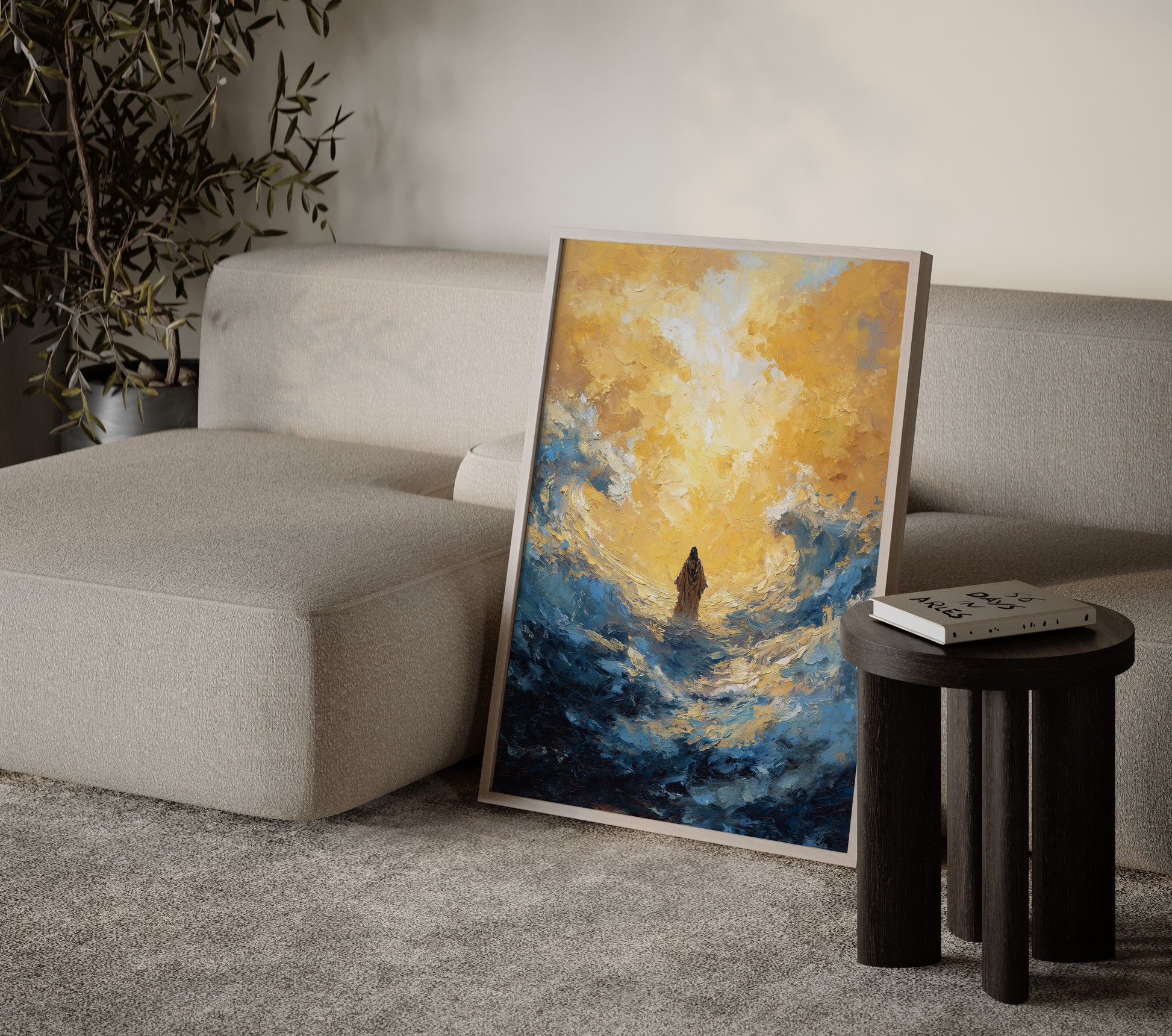 Contemporary faith-based painting of Jesus walking on water, characterized by dramatic chiaroscuro, minimalist silhouette, and expressive textured paint.
