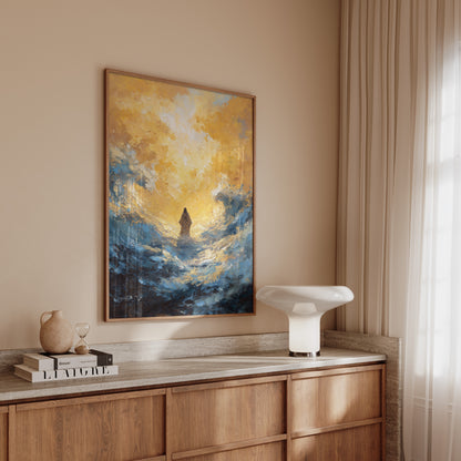 Divine glow painting of Jesus walking on water, blending contemporary impressionism, abstract expressionist texture, and dramatic gold-and-indigo tones.