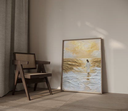 Modern impressionist artwork of Jesus walking on water, with warm tonal colors, soft brushstrokes, and a glowing spiritual atmosphere.