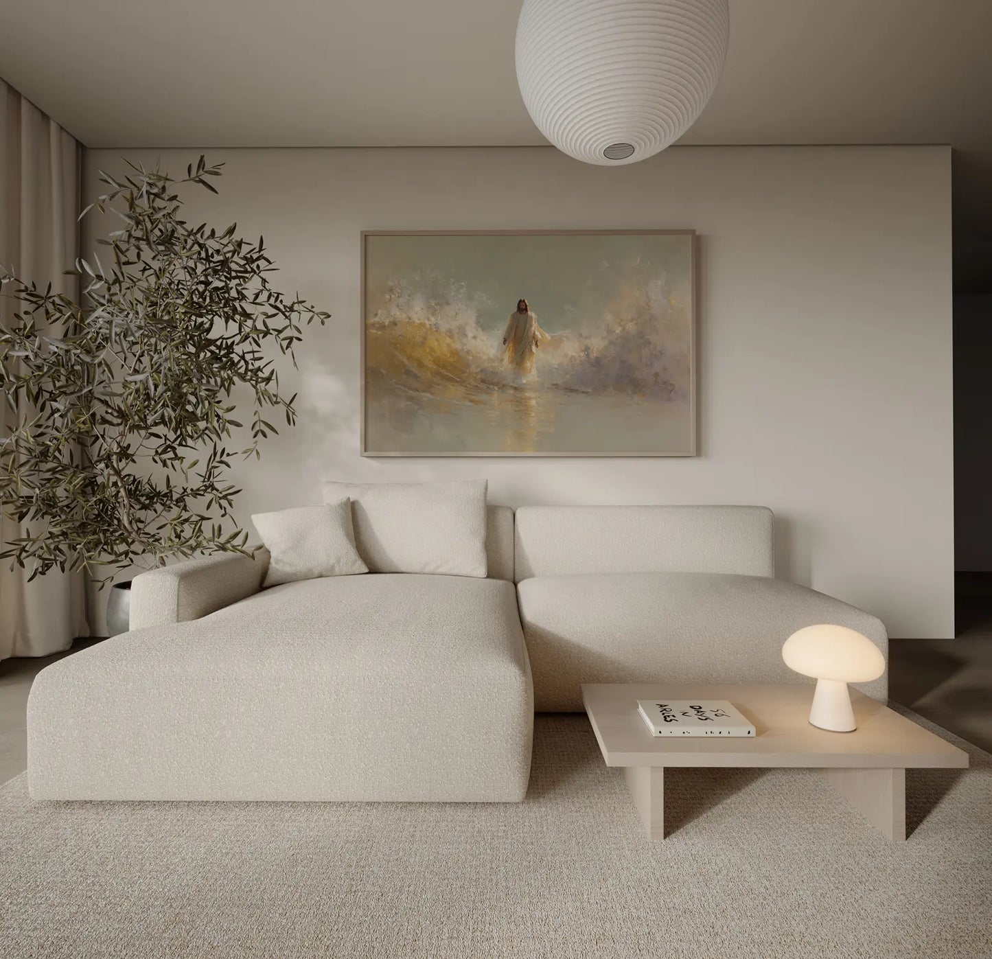 Jesus walking on water Christian wall art in modern minimalist living room – JesusArtworks