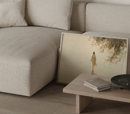 Ethereal modern impressionist painting of Jesus walking on water, soft warm colors, luminous highlights, and spiritual atmosphere.