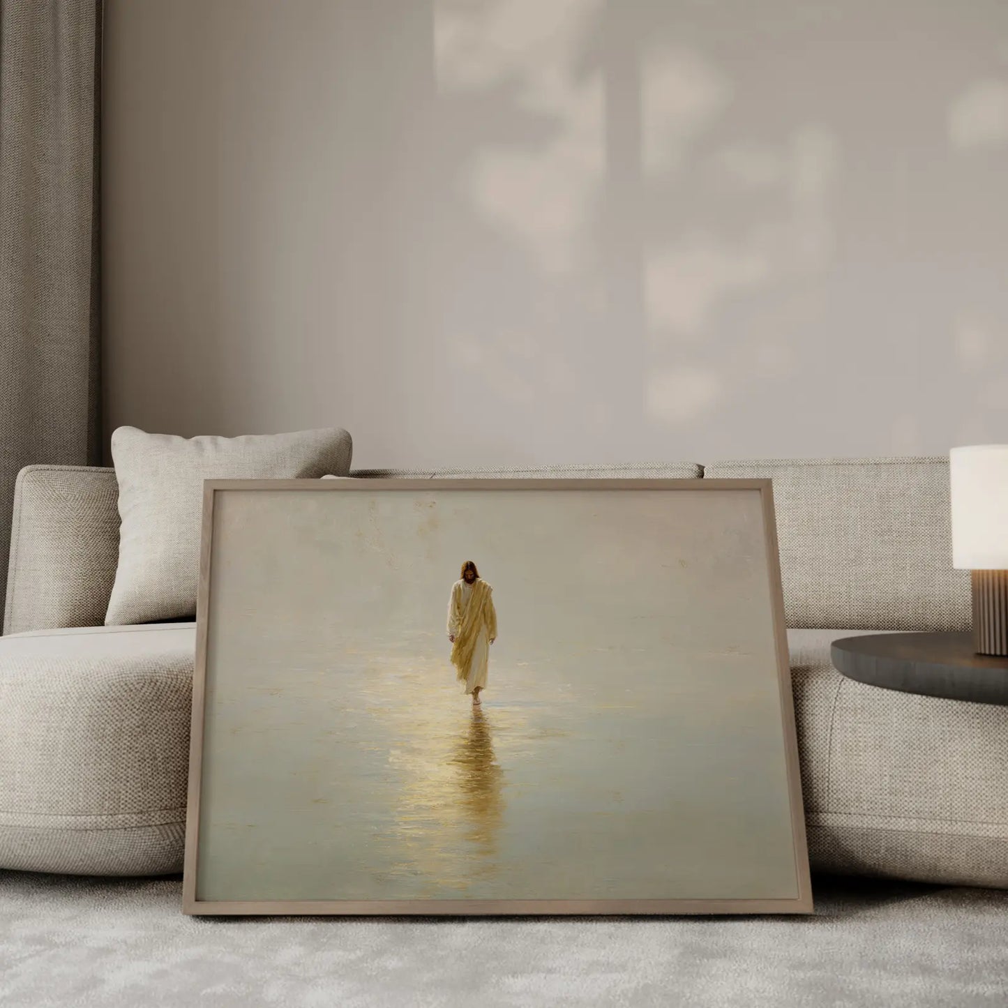 Faith Above the Waves Jesus walking on water with golden reflection minimalist art – JesusArtworks