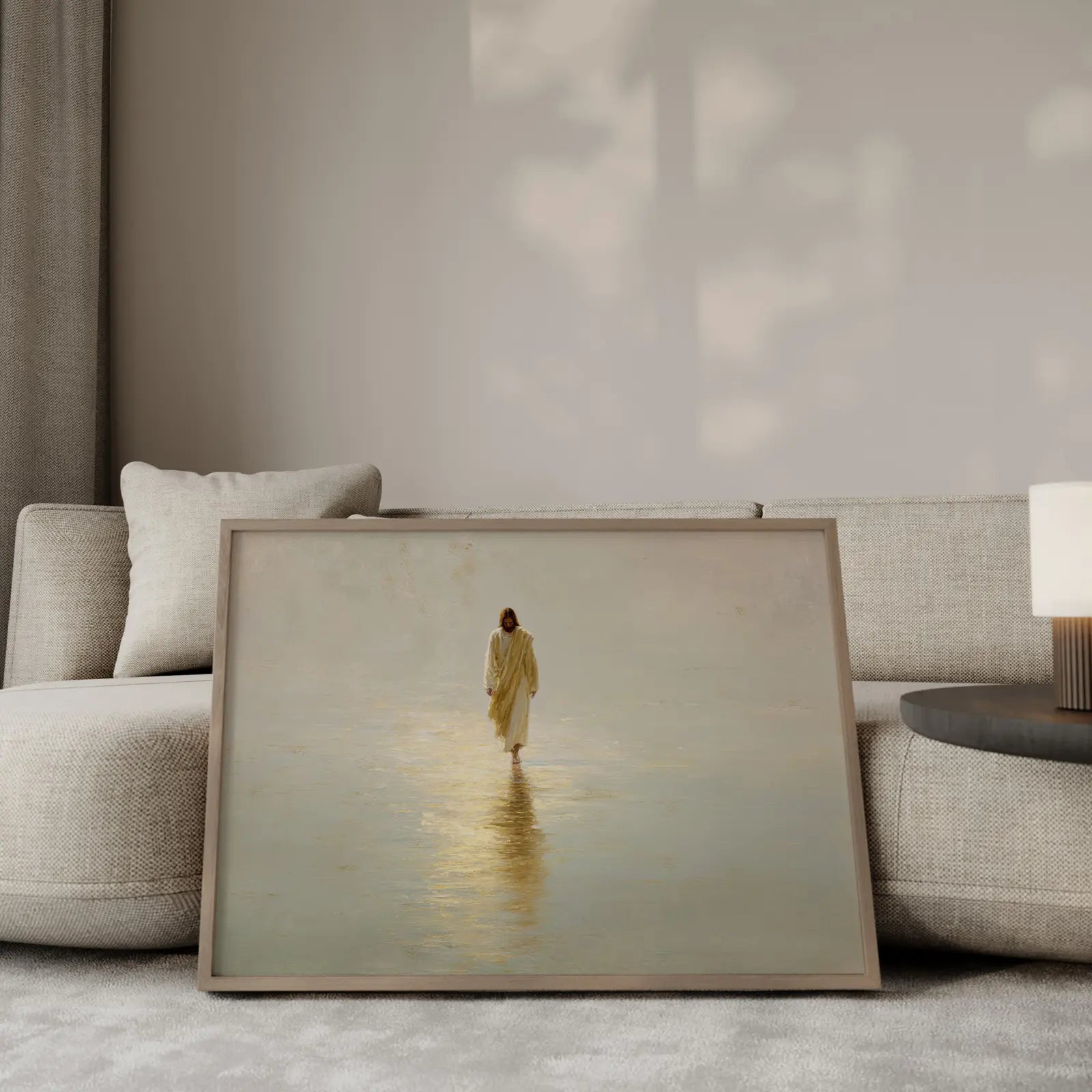 Faith Above the Waves Jesus walking on water with golden reflection minimalist art – JesusArtworks