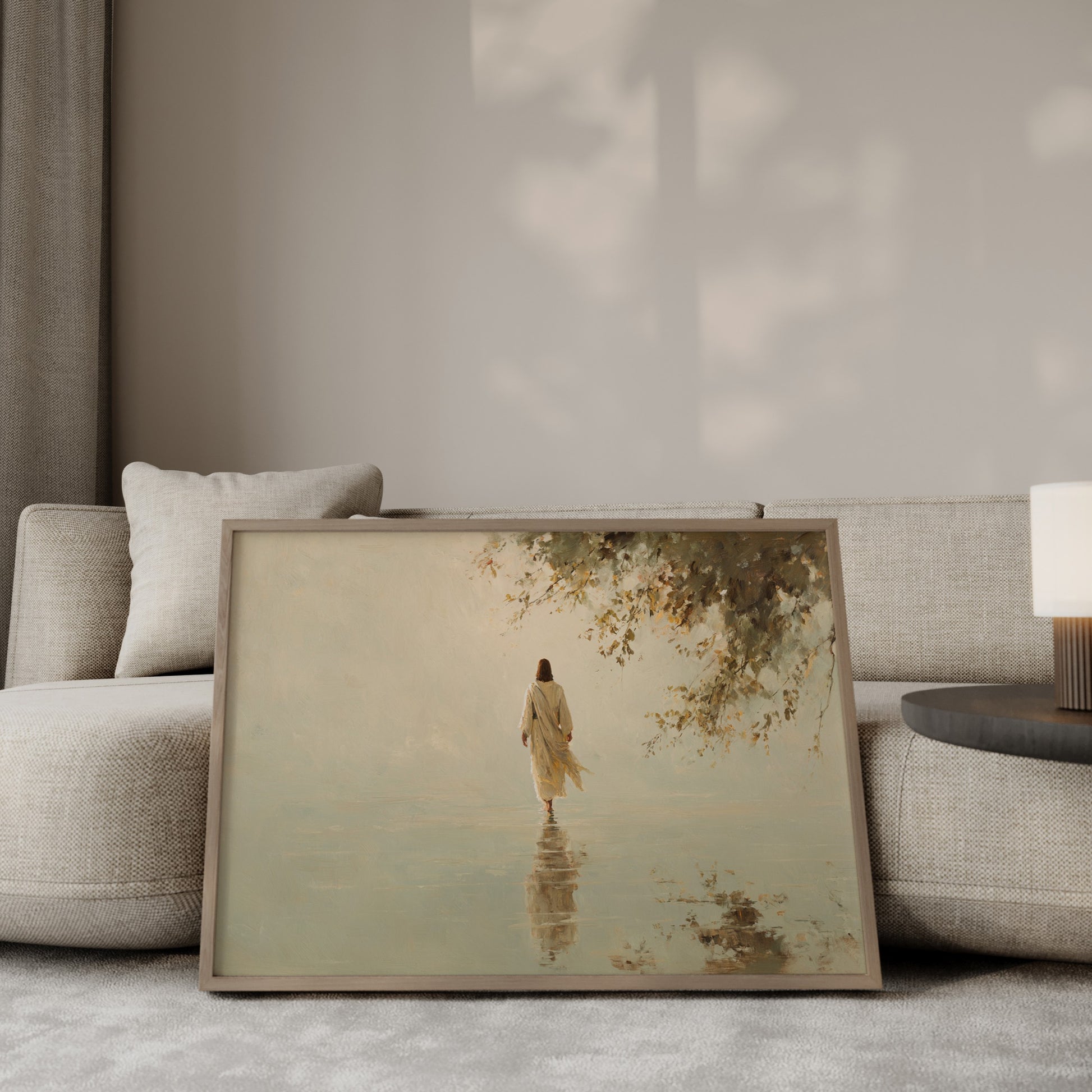 Modern Christian impressionist painting of Jesus walking over waves, with soft warm tones, gentle brushstrokes, and divine luminous light.