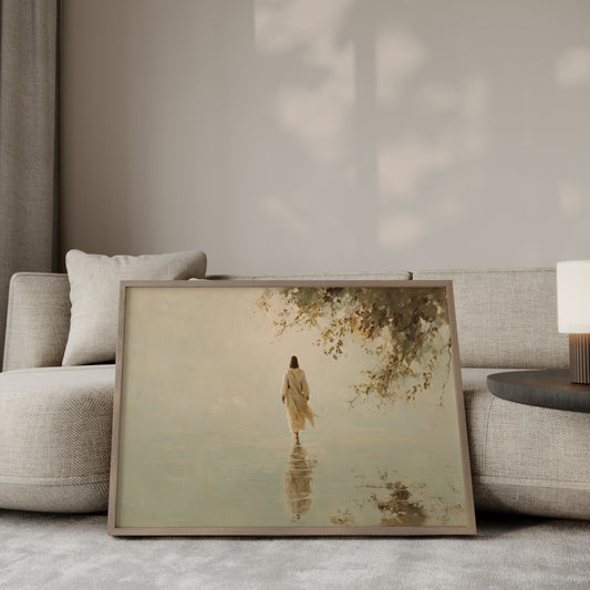 Modern Christian impressionist painting of Jesus walking over waves, with soft warm tones, gentle brushstrokes, and divine luminous light.