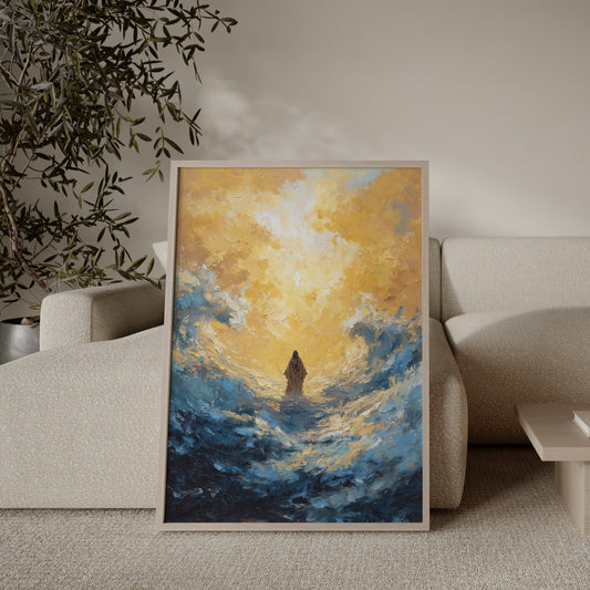 Modern impressionist Christian painting of Jesus walking on water, featuring dramatic light contrast, textured impasto waves, and a radiant divine glow.