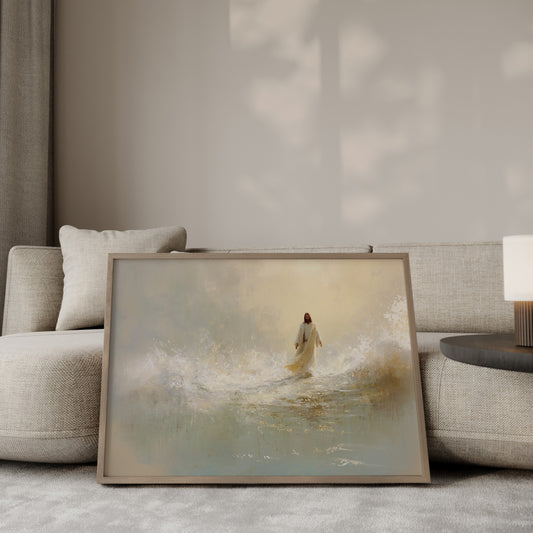 Modern spiritual painting of Jesus walking on water, featuring soft tonal colors, impressionist brushwork, and a calm, luminous atmosphere.