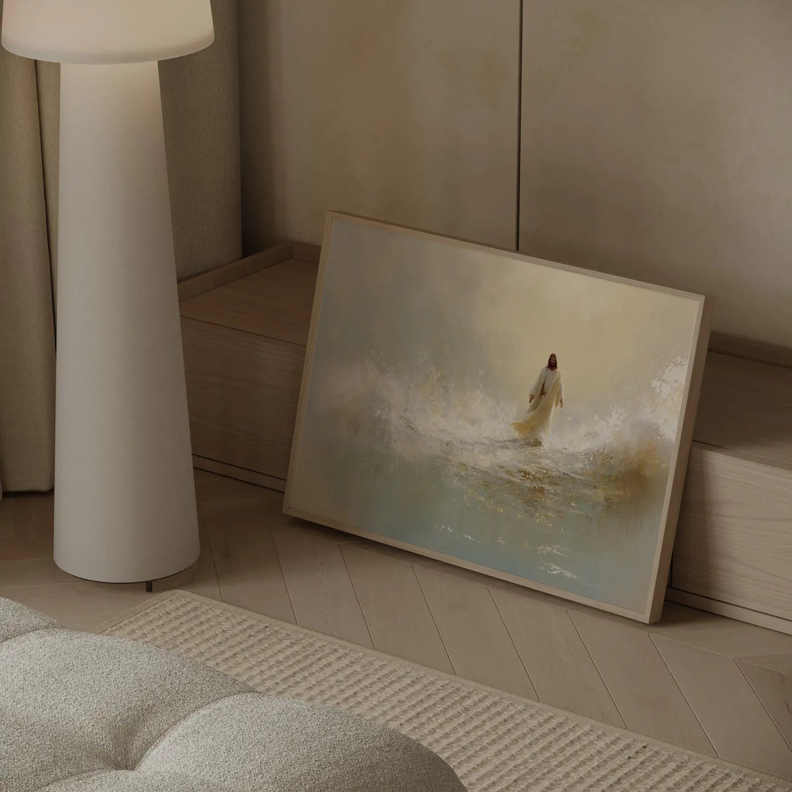 Serene Messiah walking on Sea of Galilee with soft neutral tones – JesusArtworks