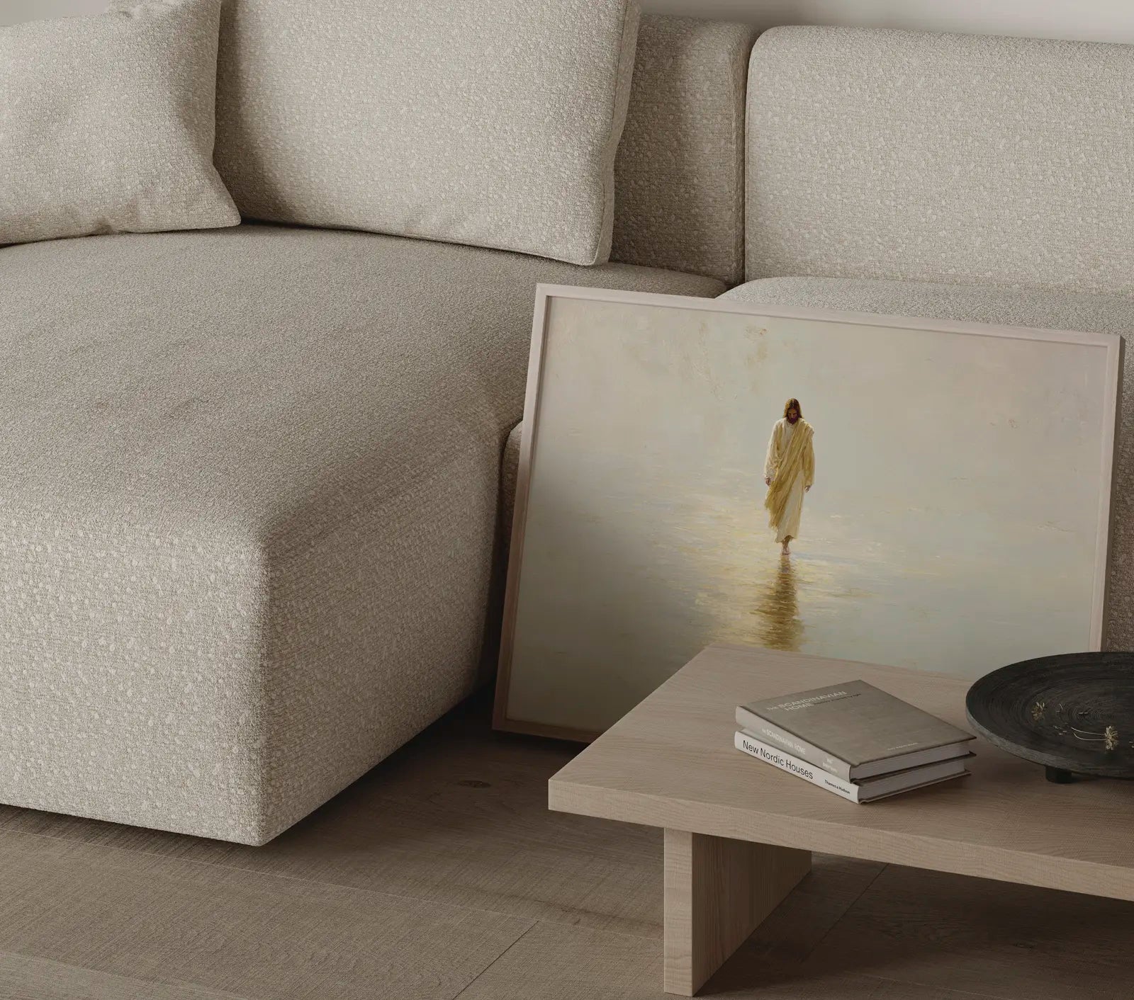 Scandinavian minimalist Jesus wall art with soft cream and gold tones – JesusArtworks