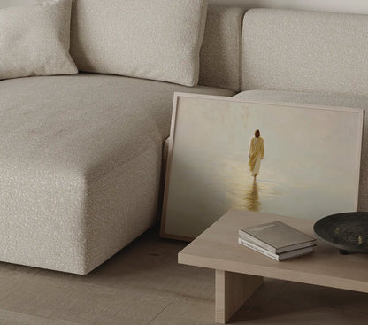 Scandinavian minimalist Jesus wall art with soft cream and gold tones – JesusArtworks