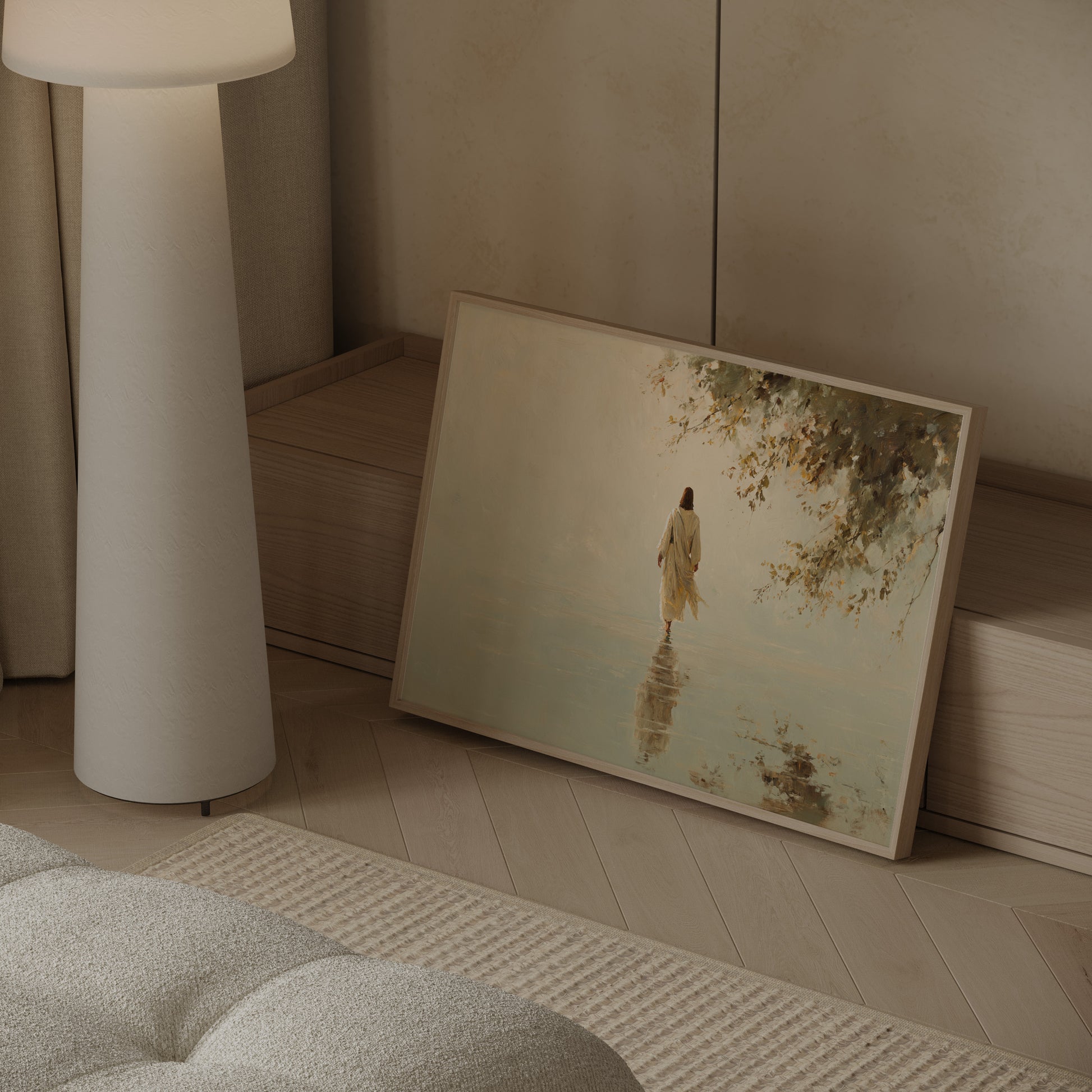 Spiritual impressionist painting of Jesus walking on water, featuring soft brushstrokes, warm tonal colors, and glowing heavenly light.