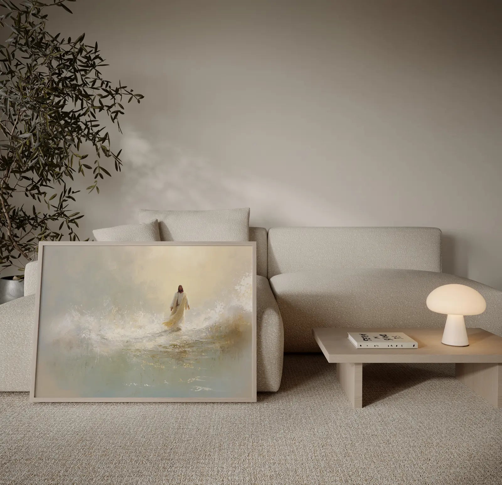 Peaceful Jesus walking on water biblical miracle art in modern living room – JesusArtworks