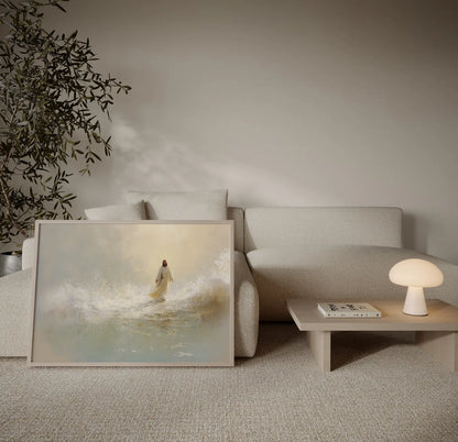 Peaceful Jesus walking on water biblical miracle art in modern living room – JesusArtworks