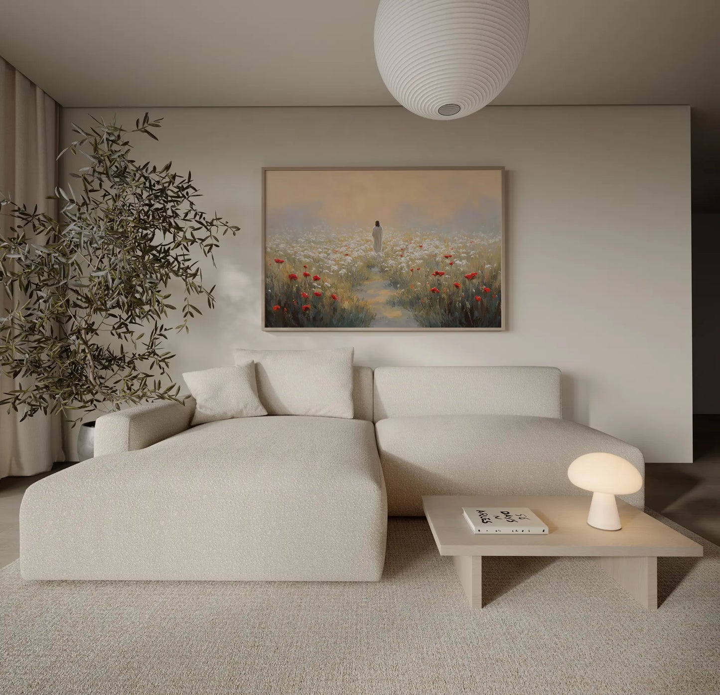 Jesus wildflower field sunset oil painting print in a large format above a sofa in a serene neutral master bedroom – Christian wall art by JesusArtworks
