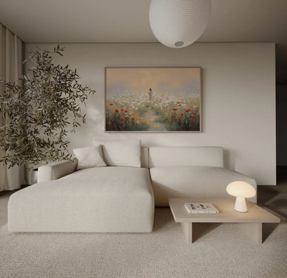 Jesus wildflower field sunset oil painting print in a large format above a sofa in a serene neutral master bedroom – Christian wall art by JesusArtworks
