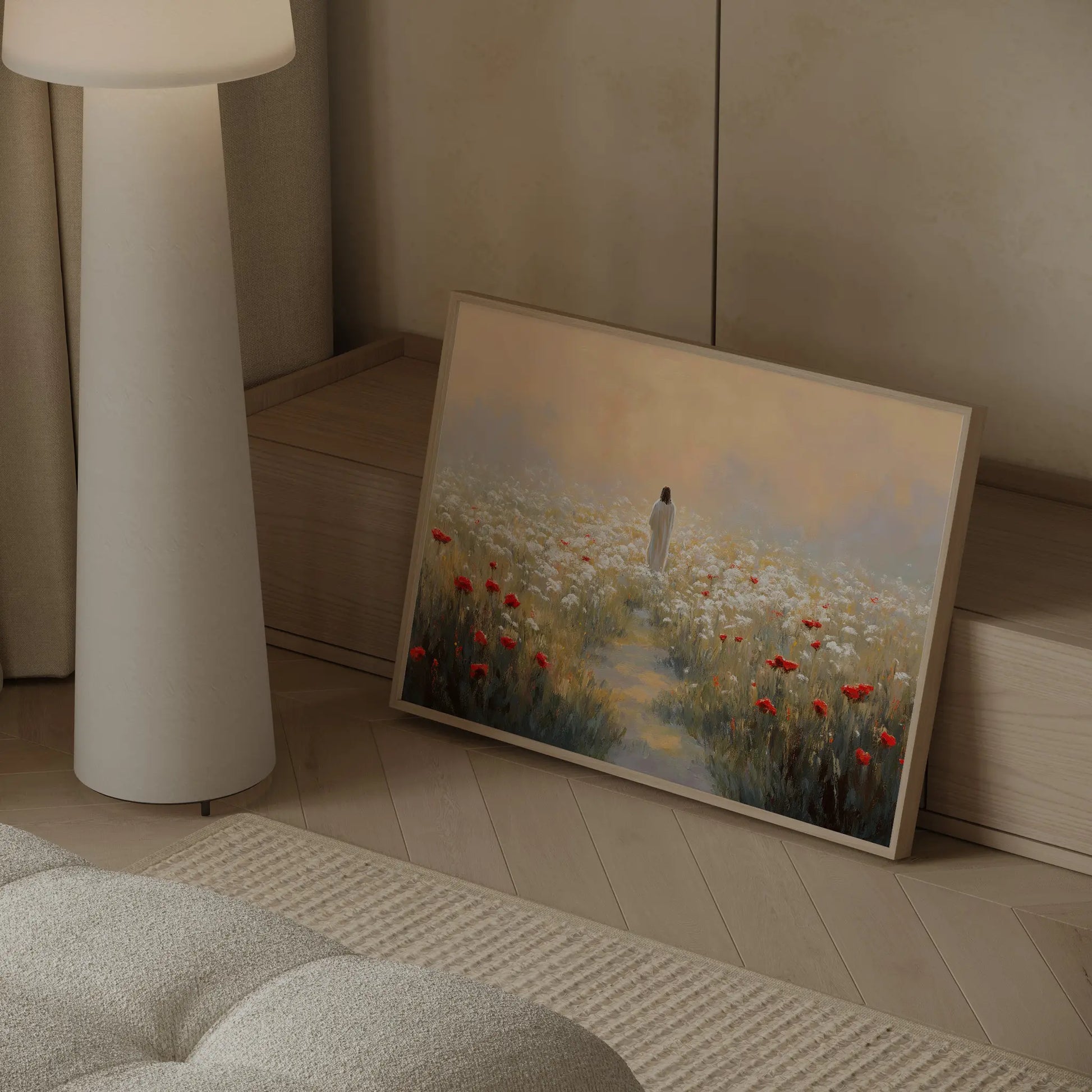He Goes Before You Jesus meadow Christian art print in a Scandinavian home with white walls, linen textures and warm light – JesusArtworks