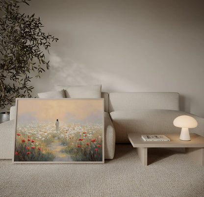 Jesus walking through white wildflowers at sunset with mountain backdrop art print displayed infront a sofa in a warm neutral living room – JesusArtworks