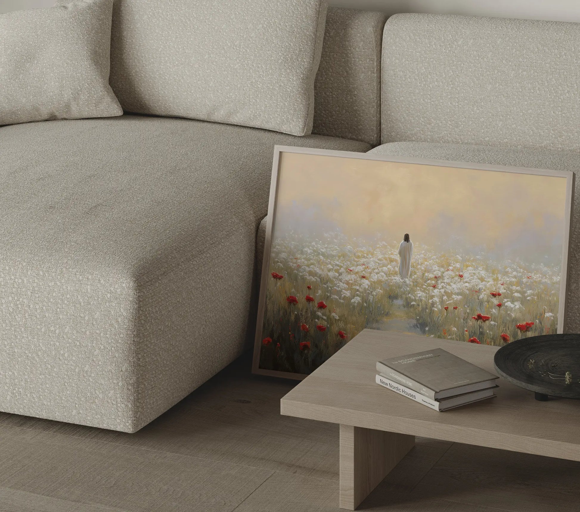 Jesus walking through wildflowers framed oil painting print in a thin wooden frame in a modern living room – Christian wall decor by JesusArtworks