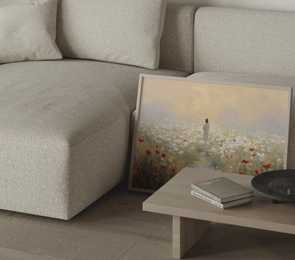 Jesus walking through wildflowers framed oil painting print in a thin wooden frame in a modern living room – Christian wall decor by JesusArtworks