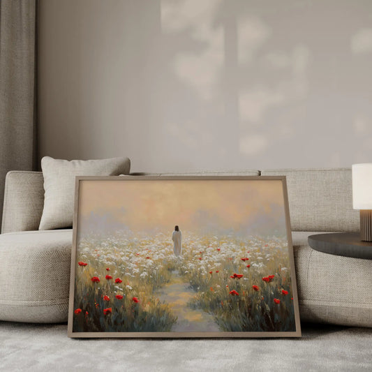 He Goes Before You oil painting – Jesus walking through a vast white wildflower field at dusk with a shepherd's staff, pink clouds and mountains in the distance, Christian wall art by JesusArtworks